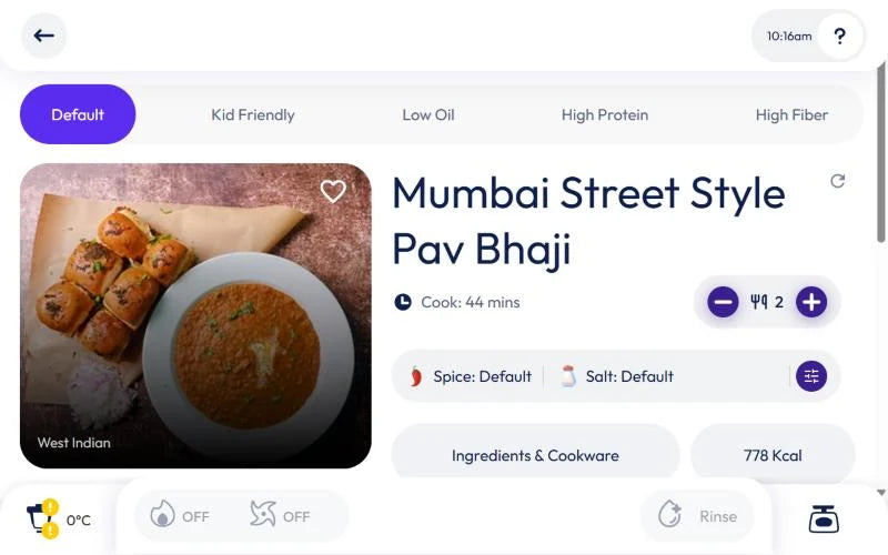 Mumbai Street Style Pav Bhaji on the upliance screen, with Default, Kid Friendly, Low Oil, High Protein and High Fiber variants, and spice and salt settings