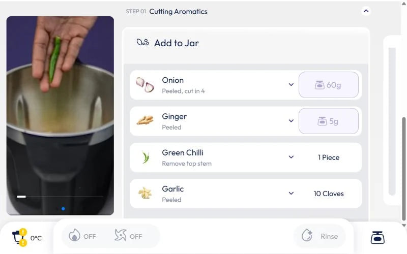 The upliance screen on a recipe step: add onion 60 g and ginger 5 g, weighed on the scale