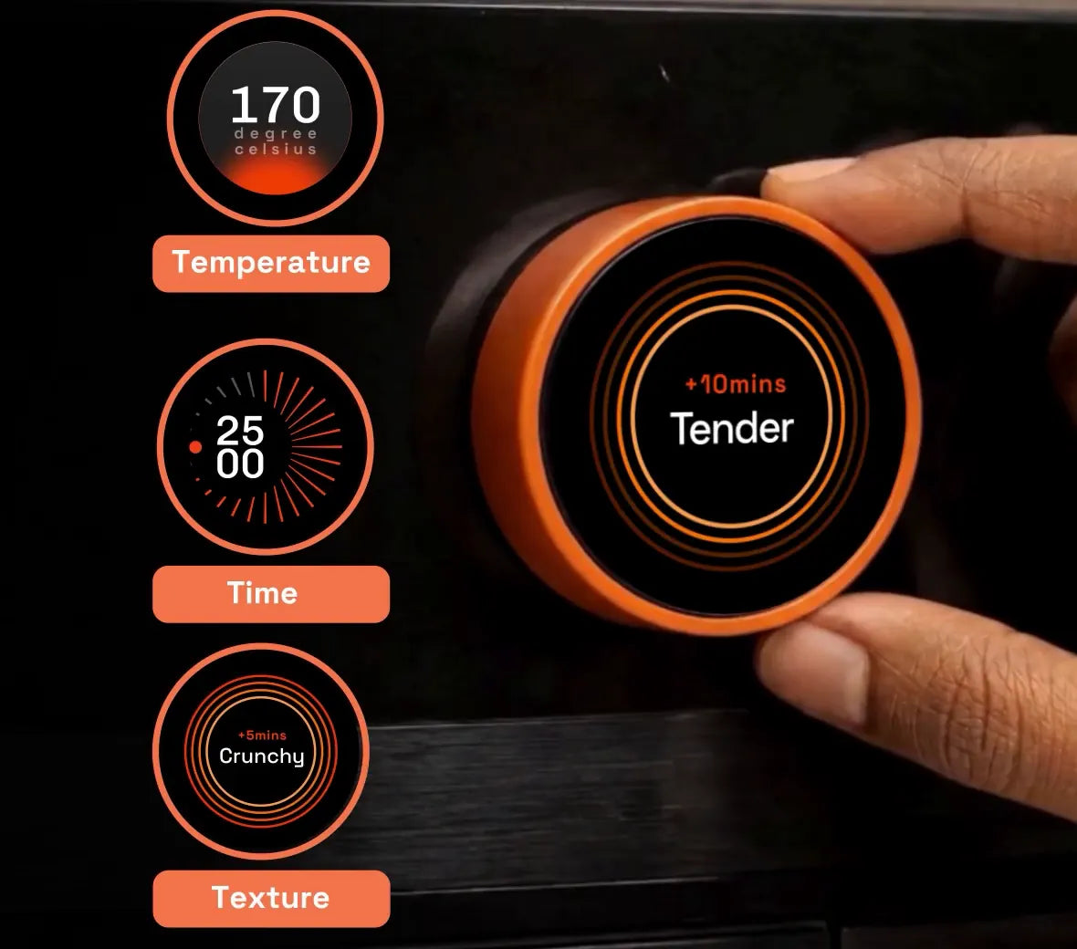 A hand turning the Upliance smart dial set to Tender, with Crunchy shown as another texture