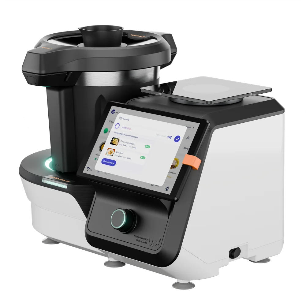 upliance 2.0+ with labels pointing to its blade, heater, motor, weighing scale and touchscreen