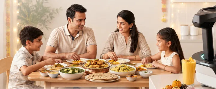 A family eating a home-cooked meal, with upliance on the counter
