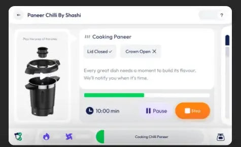 The Upliance touchscreen mid-recipe, showing the current cooking step, a timer and a progress bar